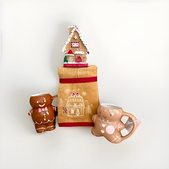 NWT Peppermint& Pine Gingerbread Man Cookie House XMAS Gift Set Hand Towels Mugs - Picture 2 of 16